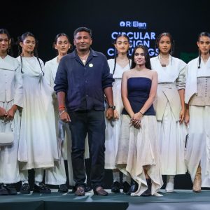 A model walk the ramp for designer Golden feathers during  R|ELAN™ CIRCULAR DESIGN CHALLENGE IN PARTNERSHIP WITH
THE UNITED NATIONS IN INDIA show part of Lakmé Fashion Week 2025, held on October 10th at The Grand New Delhi, India.Photo : FS Media Pro / FDCI x Lakme Fashion Week / RISE Worldwide